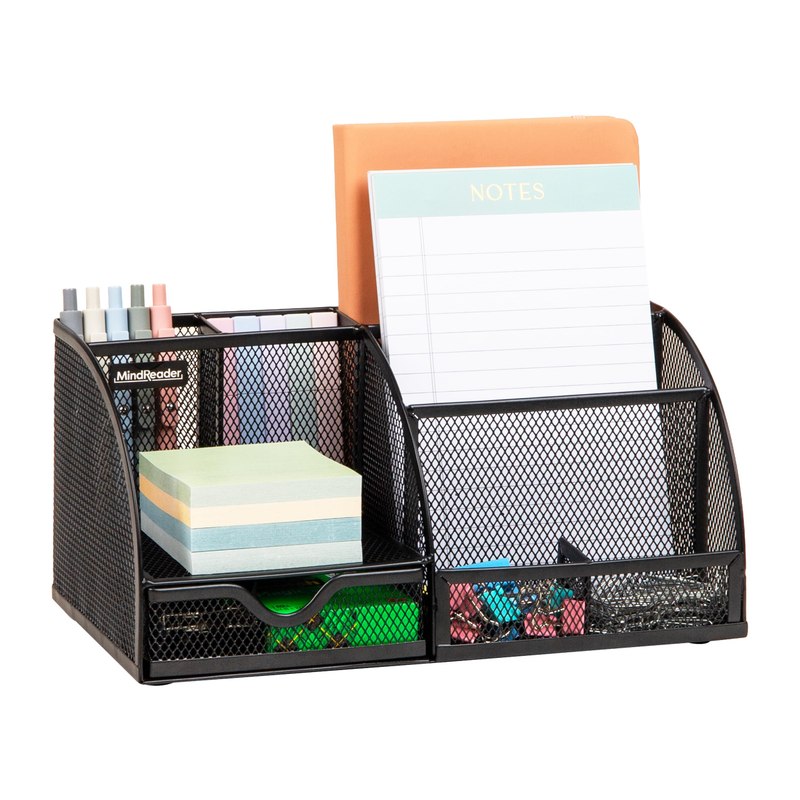 Mind Reader 7-Compartment Desktop Organizer, Metal Mesh Desk Organizer for Pens, Sticky Notes, Mail and Office Supplies, Black