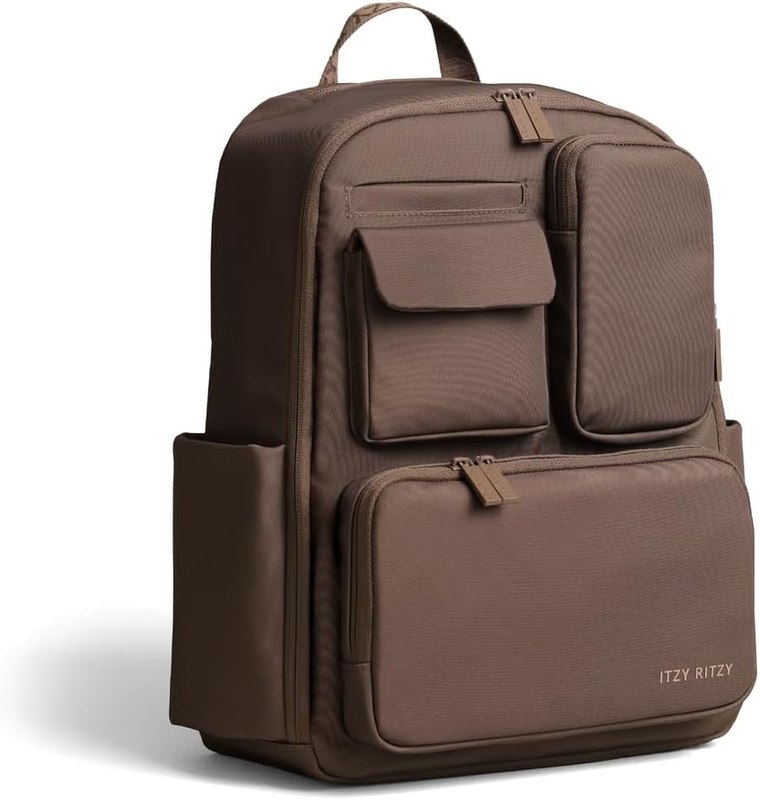 Itzy Ritzy Utility Diaper Bag Backpack, 17 Pockets w/Changing Pad (Mocha) | Travel-Ready Diaper Backpack with 2 Insulated Bottle Holders, Laptop Compartment, Trolley Sleeve, Straps, and Changing Pad