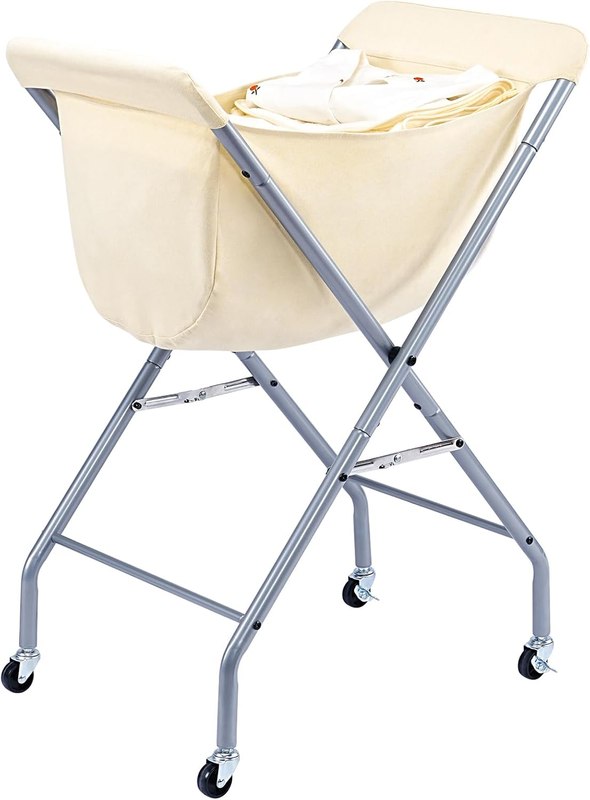 ELYKEN Laundry Basket with Wheels, Collapsible Laundry Hamper, Cream | Removable Liner Bag, Foldable Design, Sturdy Metal Frame, 4 Casters, 32”H Laundry Cart for Bedroom, Bathroom & Laundry Room