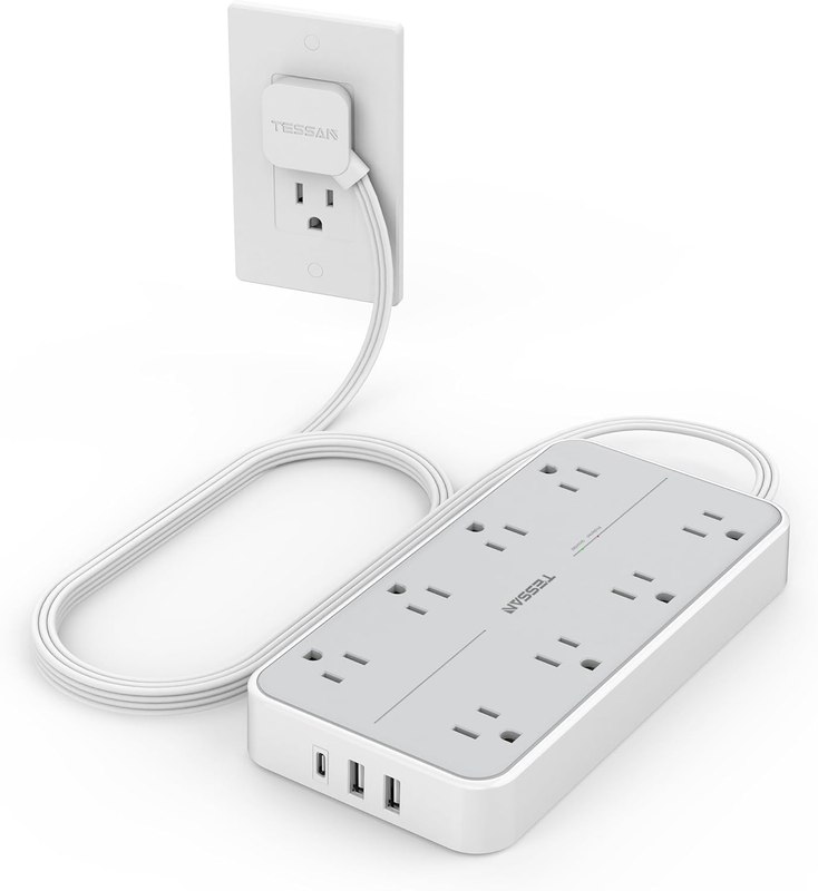 TESSAN Power Strip Surge Protector, 6FT Flat Plug Extension Cord | 8 Outlets 3 USB Charger 1 USB C, 1080 Joules Protection, Wall Mountable for Home Office School Dorm Room Essentials, Gray