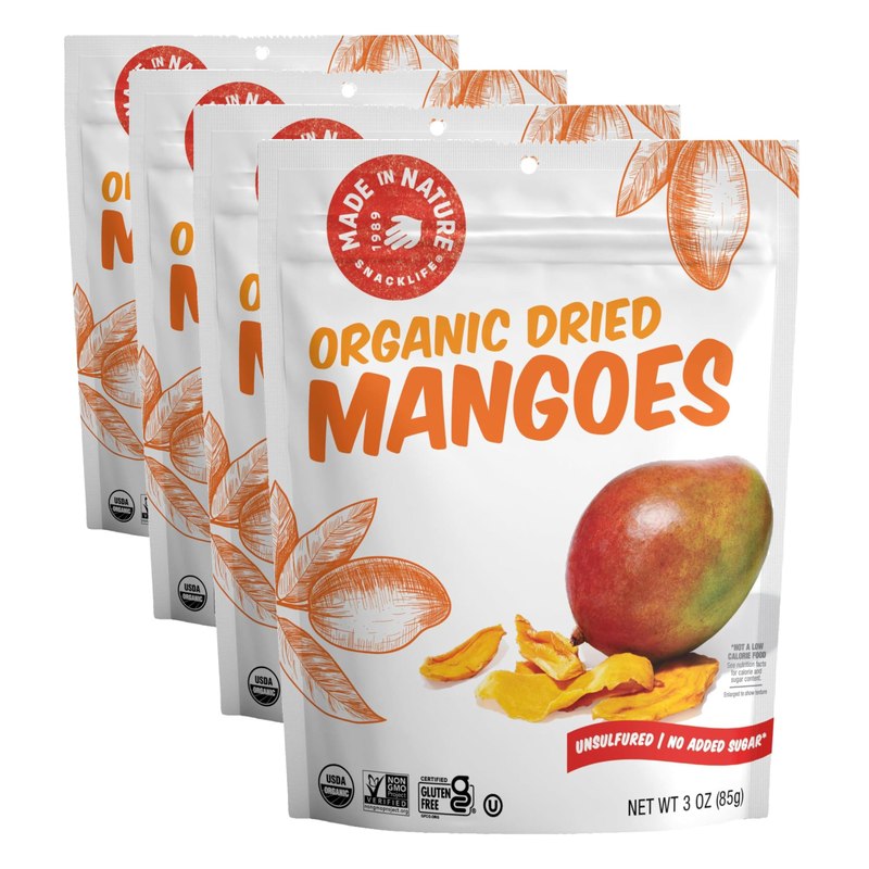 Made in Nature Organic Dried Mangoes, Non-GMO, Gluten Free, Unsulfured, Vegan Snack, 3oz (Pack of 4), Packaging May Vary