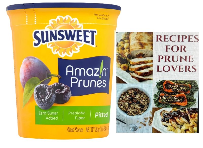 Sunsweet Pitted Prunes Bundle, 16 oz Canister of Dried Plums & Recipe Book