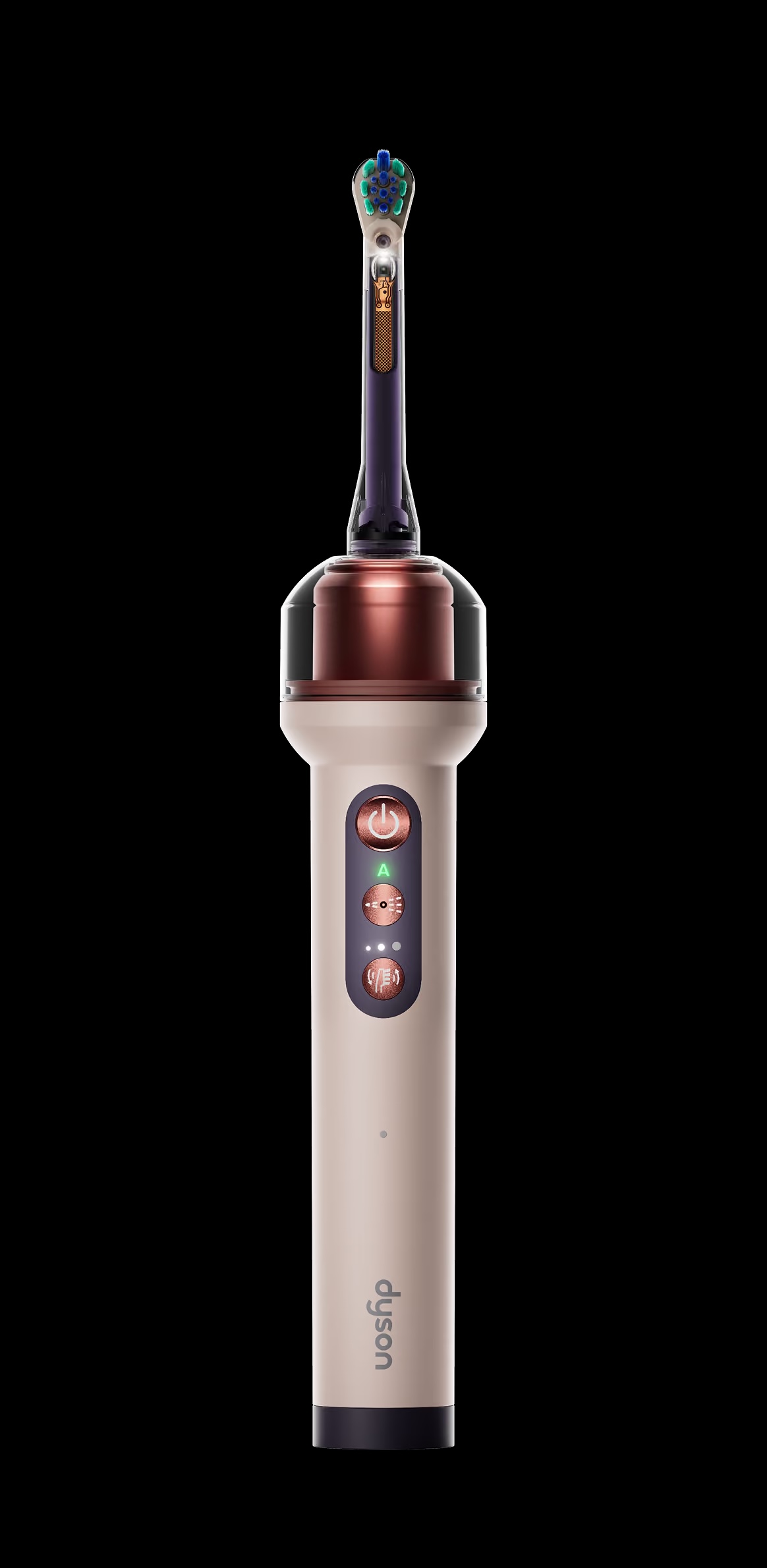 Dyson CameraJet electric toothbrush in Ceramic Pink, showing the brush head with built-in camera and the handle's control buttons