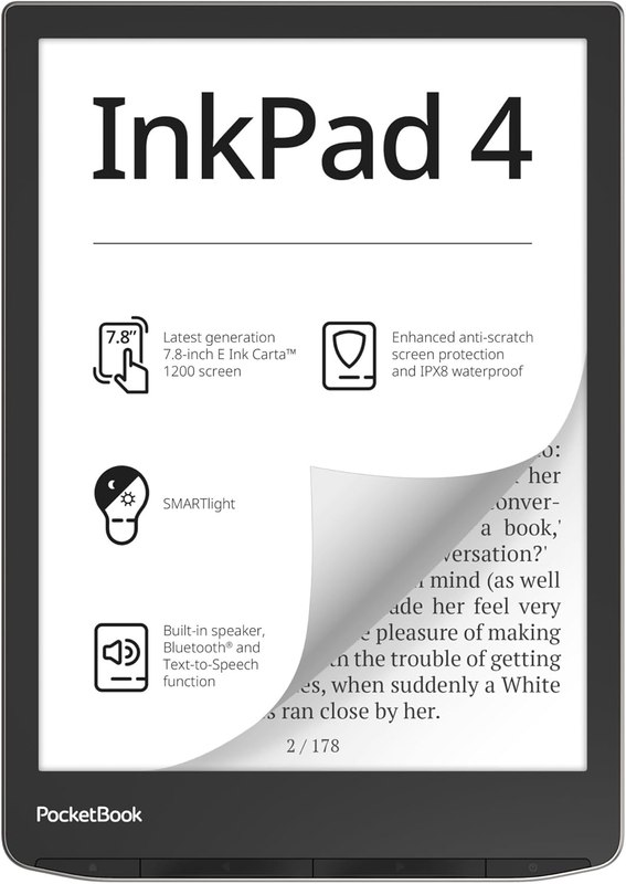 PocketBook InkPad 4 | Eye-Friendly Audio & E-Book Reader | Large 7.8ʺ E-Ink Display | Anti-Scratch Protection | Text-to-Speech Function | Bluetooth® | Built-in Speaker | SMARTlight | IPX8 Waterproof