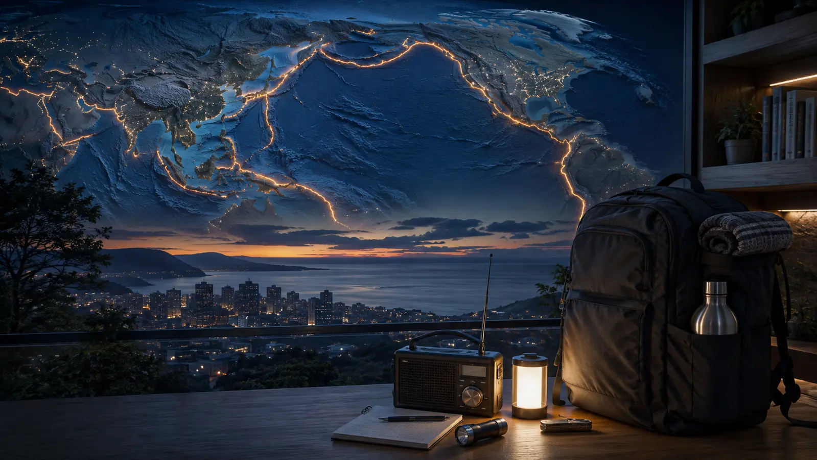 A go-bag, hand-crank radio, lantern and torch on a table at dusk, with a relief map of the Pacific plate boundaries behind and a coastal city below.