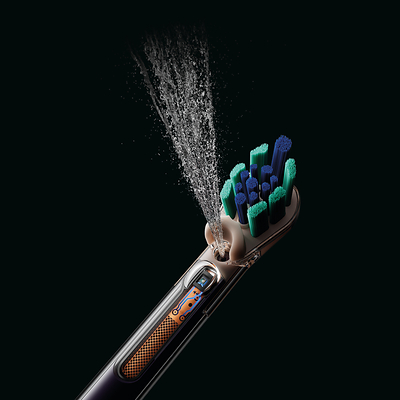 Dyson CameraJet brush head with dual bristles and water jet spray, real photograph.