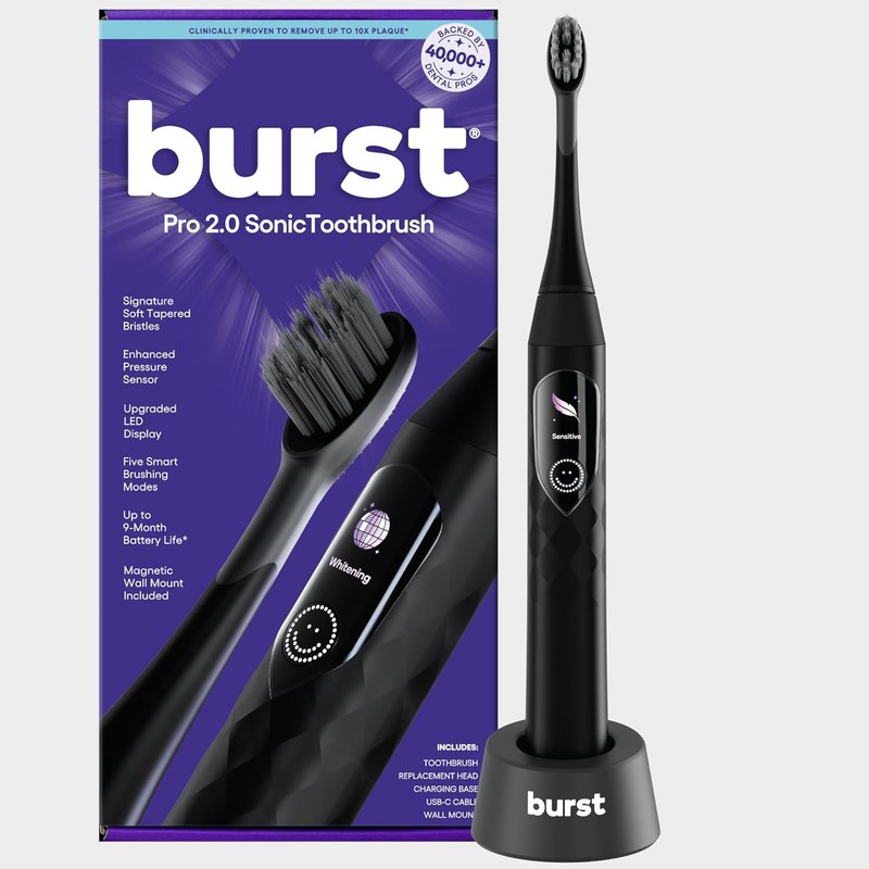 Burst Pro 2.0 Sonic Toothbrush for Adults (Black) | Electric Toothbrush | Smart Pressure Sensor | Soft Bristles | 5 Modes/Refined Scoring System | USB-C Charging | Magnetic Wall Mount