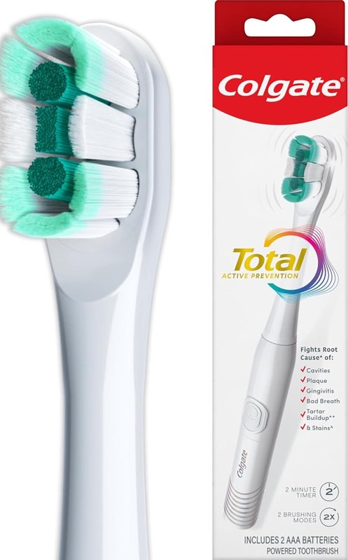 Colgate Total Adult Battery Powered Electric Toothbrush, White, Soft | Includes 2 AAA Batteries, Built-In 2 Minute Timer, 2 Brushing Modes, Powers Away Bacteria, Soft High-Density Bristles