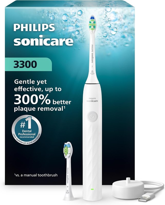 Philips Sonicare 3300 Rechargeable Electric Toothbrush, 2 Brush Head, White | 300% More Plaque Removal, 2 Brush Settings, 2-Minute Guided Timer, 14-Day Battery, HX4022/91