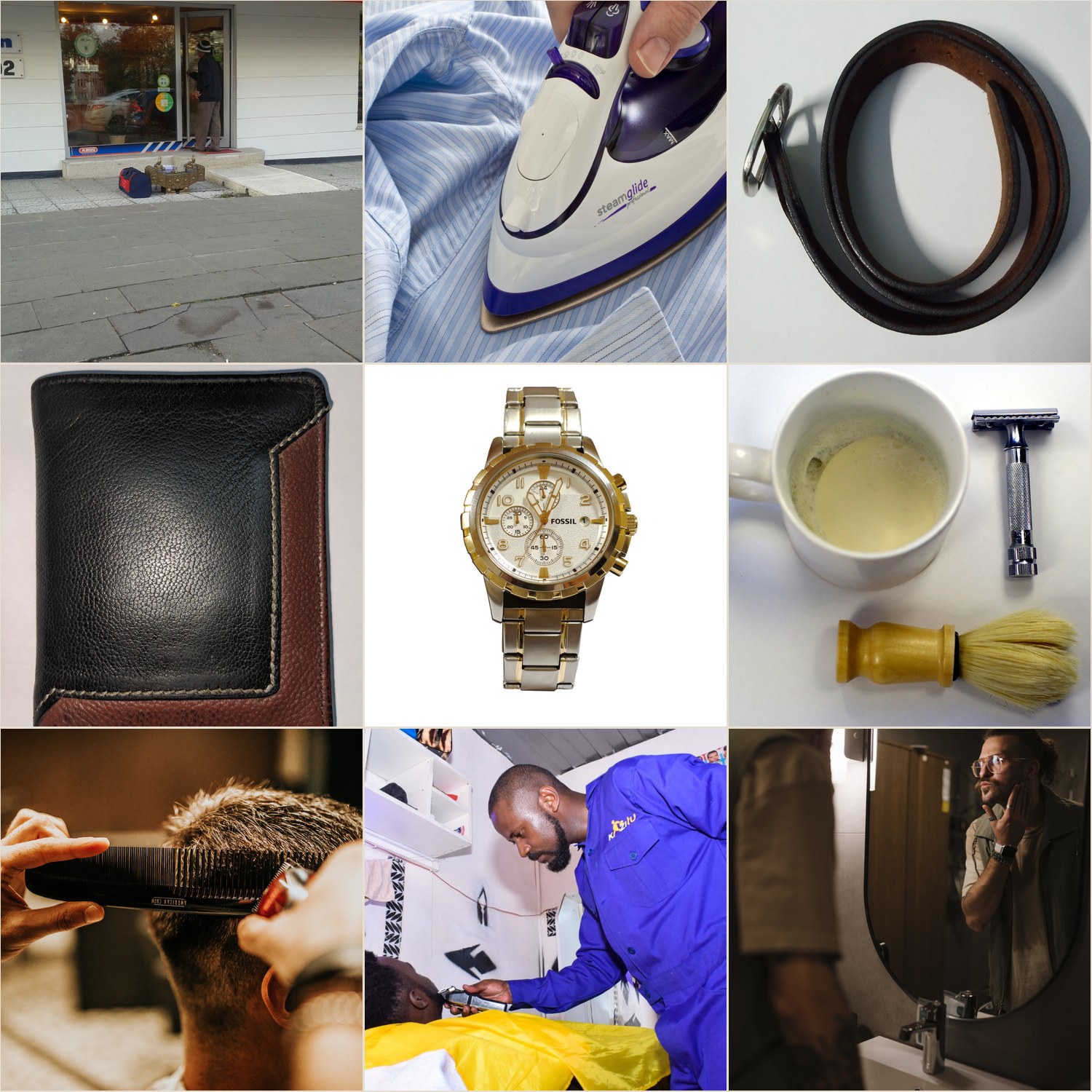A nine-photo grid collage showing shoe shining, ironing a shirt, a leather belt, a leather wallet, a wristwatch, wet-shave tools, a haircut at the barber, a beard trim, and a man's skincare routine — all real photographs.
