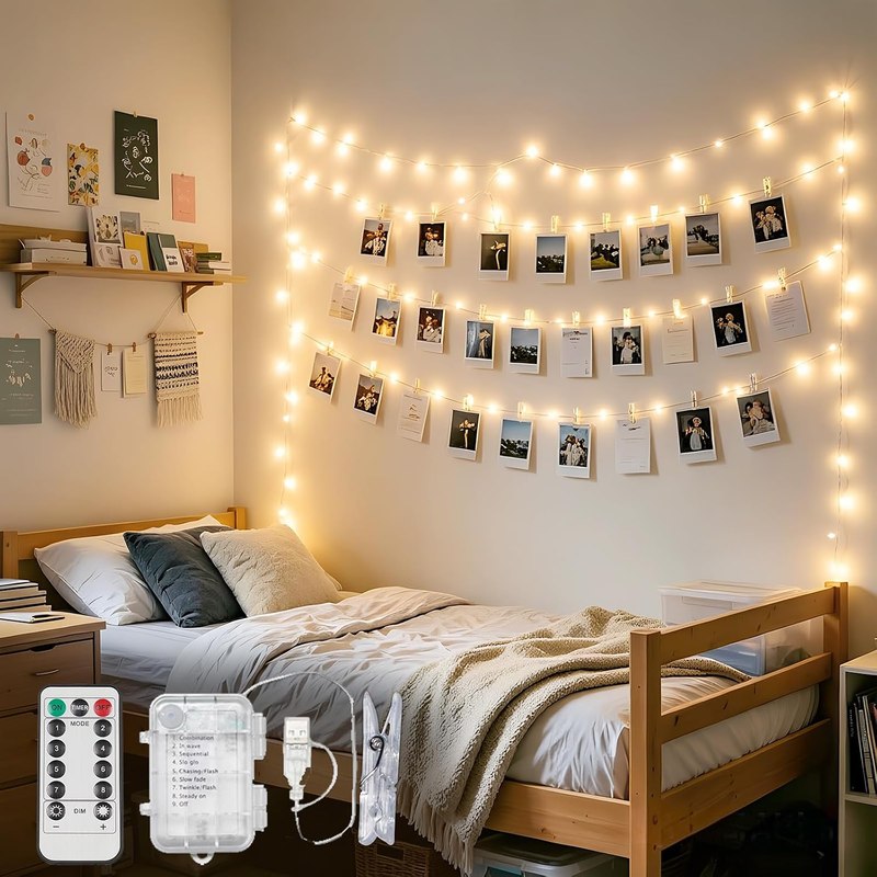 16ft 50 LED Fairy Lights for Pictures,Photo Clip String Lights | Remote USB Powered & Battery Operated,22 Clear Clips, Party, Bedroom, Decoration, Warm White