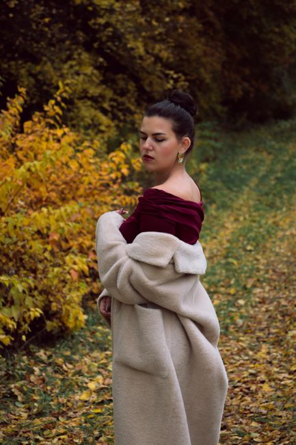 plum wine dress layered under coat autumn outfit