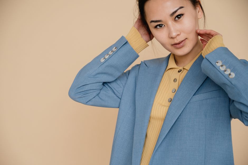 slate blue blazer worn as fall office outfit