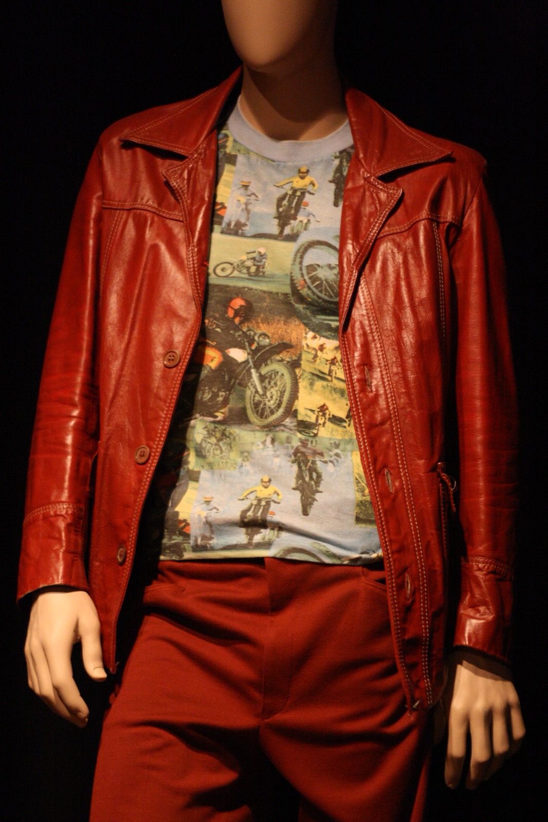 The red leather Tyler Durden costume jacket from Fight Club on display at the London Film Museum