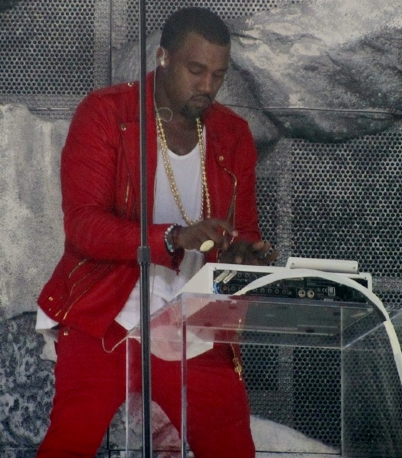Kanye West in a red leather jacket at Austin City Limits Music Festival, 2011
