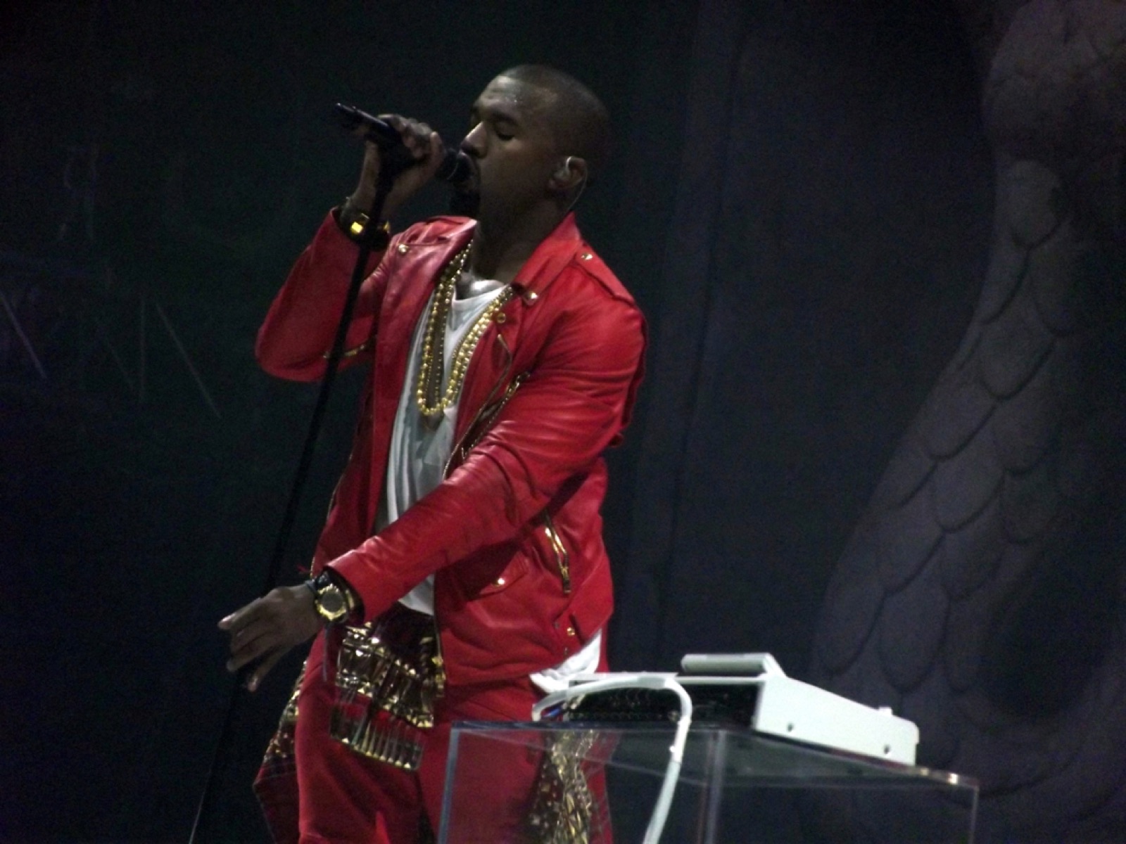 Kanye West in a red leather jacket at the Coke Live Music Festival, 2011, third photo