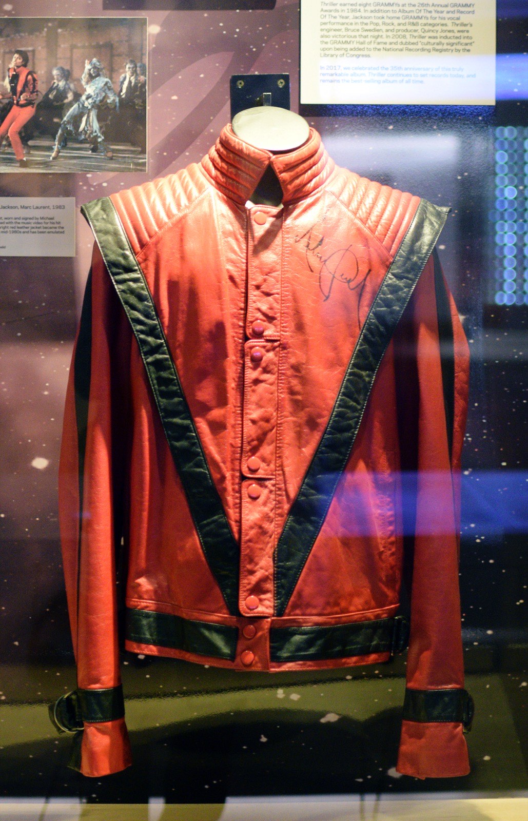 Michael Jackson's red and black leather Thriller jacket on display at the Grammy Museum