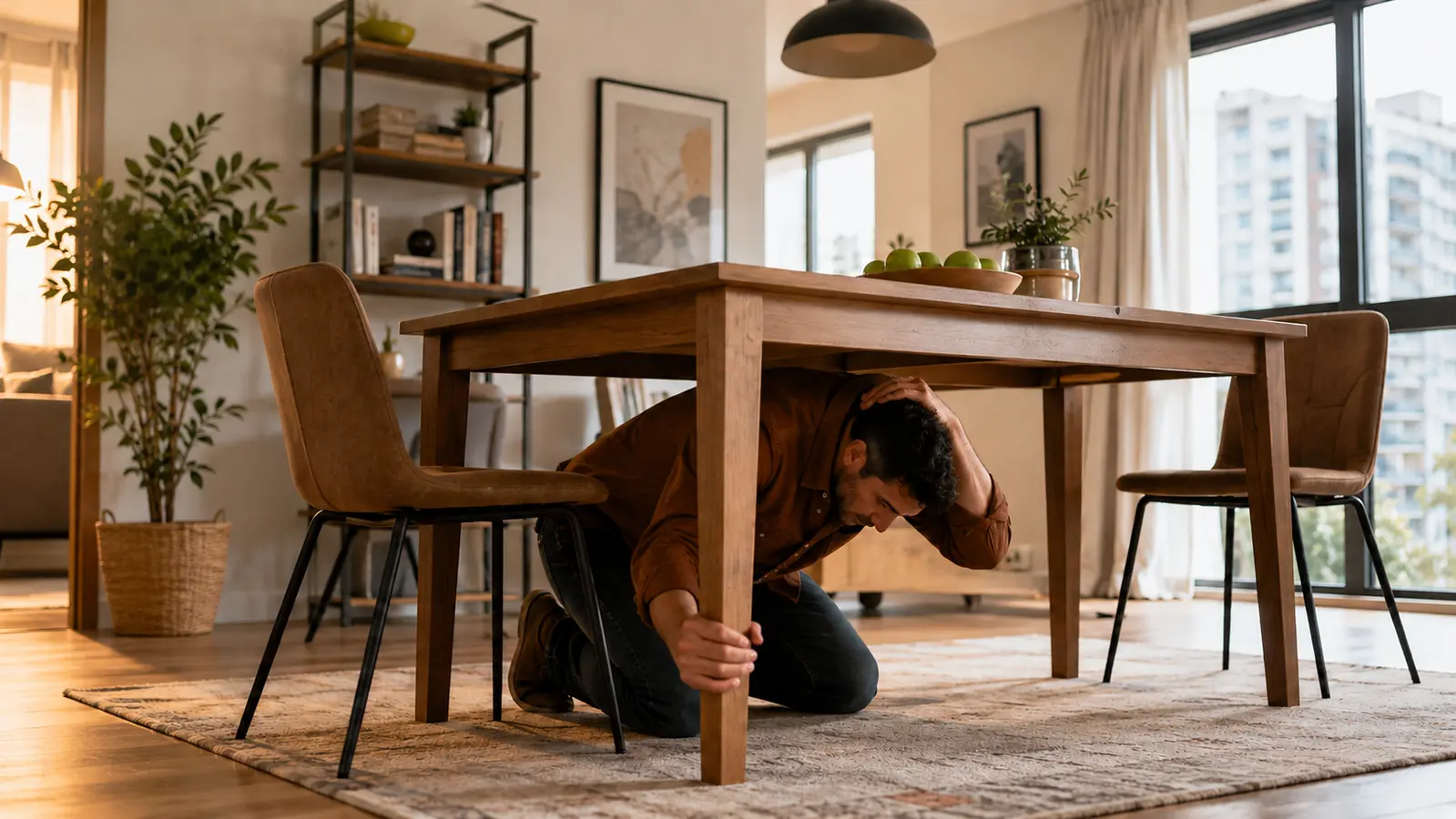 A person on hands and knees beneath a sturdy dining table, covering their head and holding a table leg, in a furnished living room.