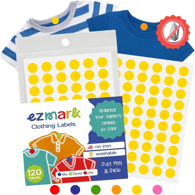 120 Clothing Labels-No Iron-Color-Coded Round Stick-On Labels (Color Dots) for Kids & Family Clothing Organization, Waterproof, Write-On, Washer & Dryer Safe – ezmark (Yellow)