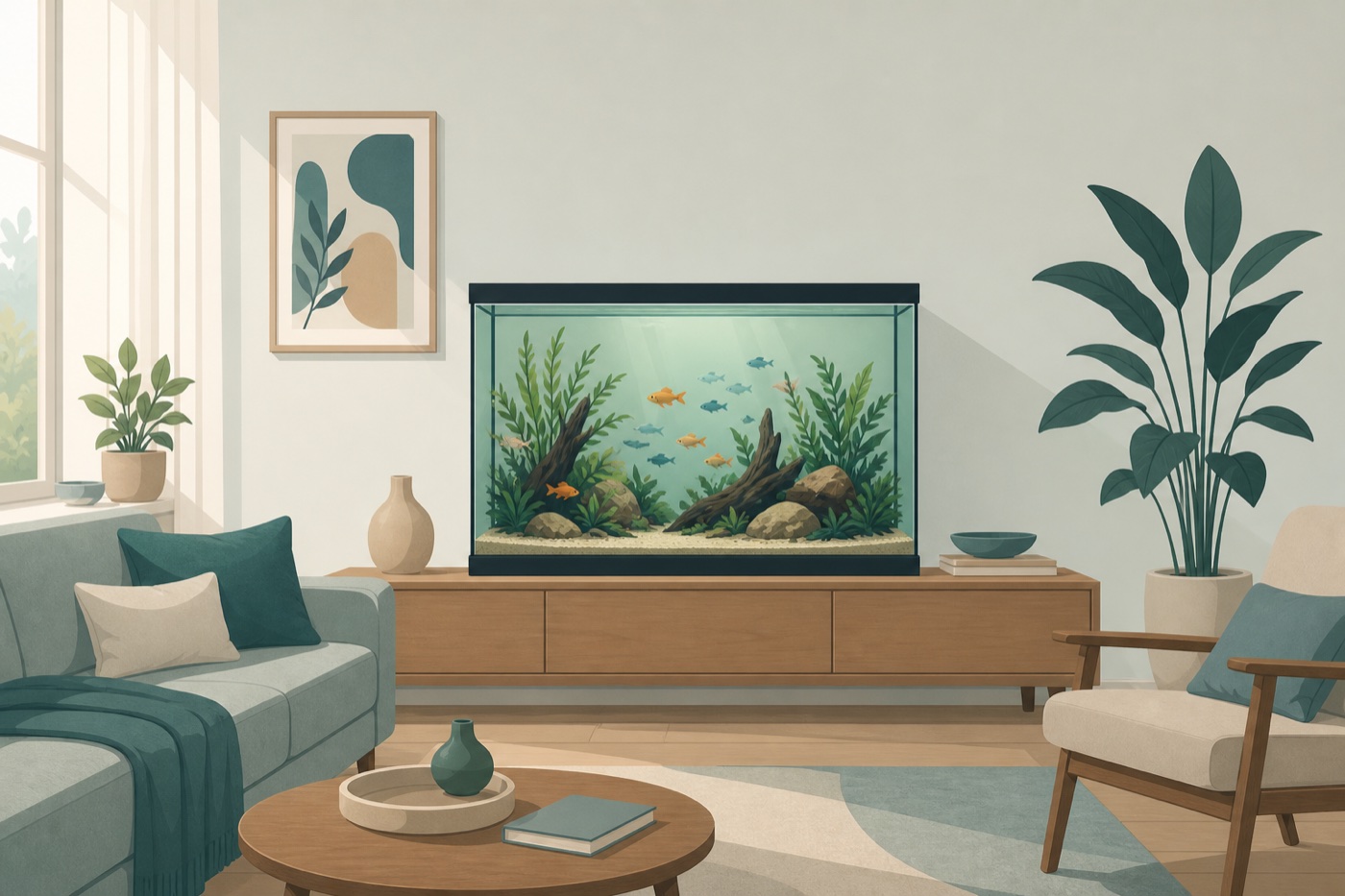 Illustration of a rectangular home aquarium on a low console in a calm living room.