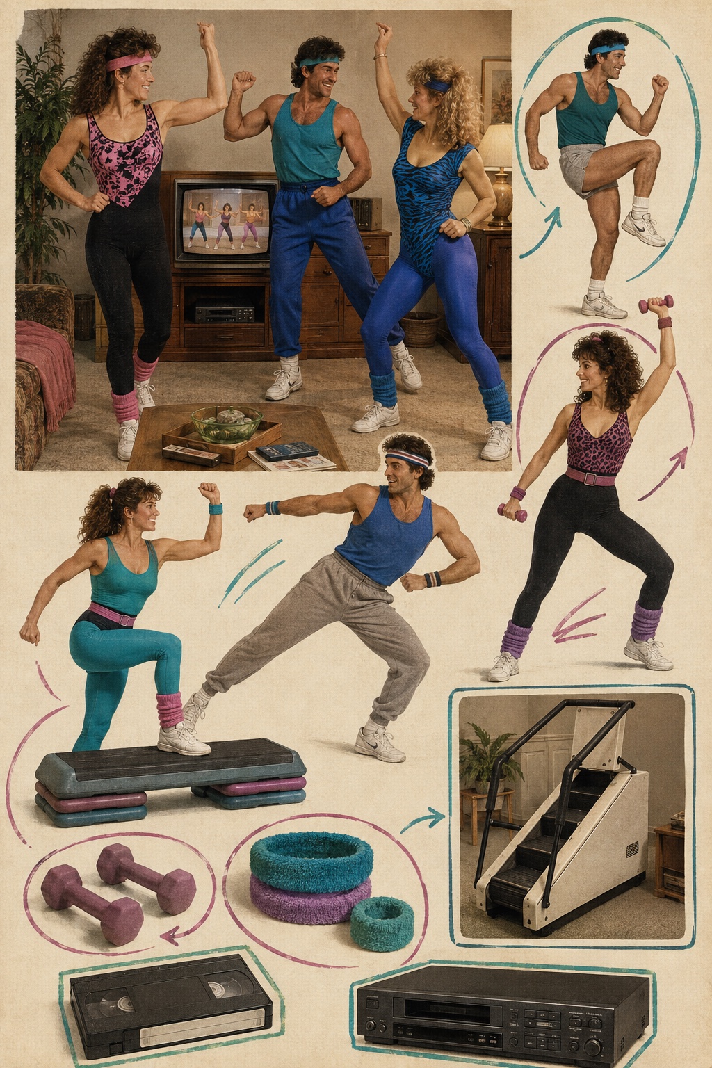 Editorial collage of fictional adults doing 1980s living-room aerobics with a VCR, step and hand weights.