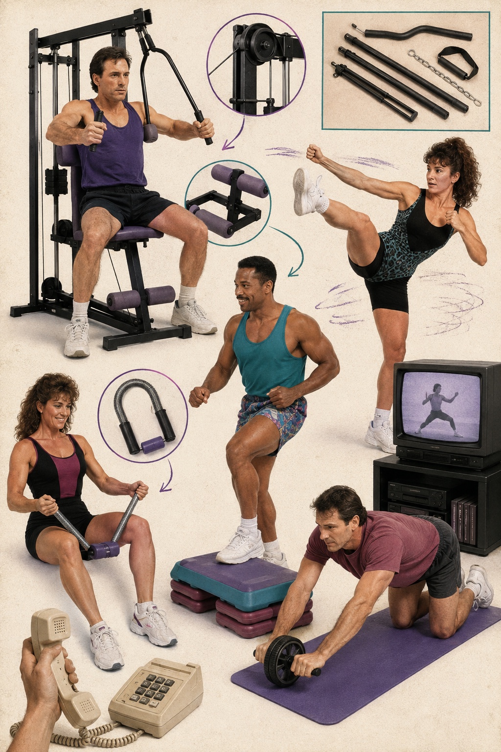 Editorial collage of fictional adults with generic 1990s home-gym equipment, aerobic steps and martial-arts cardio.