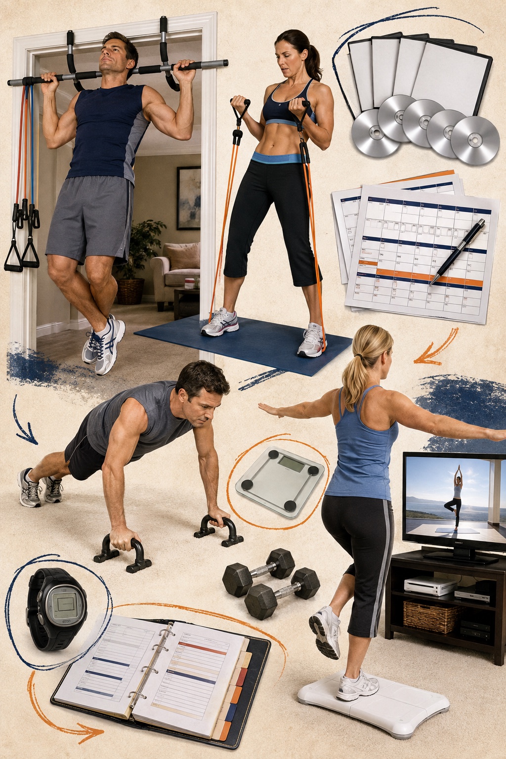 Editorial collage of fictional adults using DVDs, resistance bands, pull-up equipment and a generic game-console fitness board.