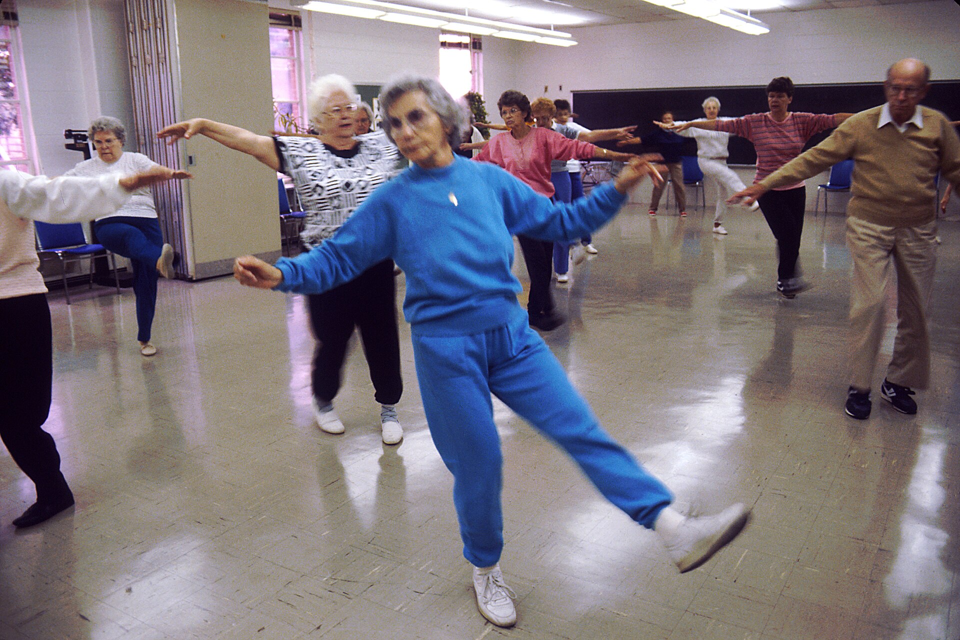 Adults taking part in an aerobics class in 1988.