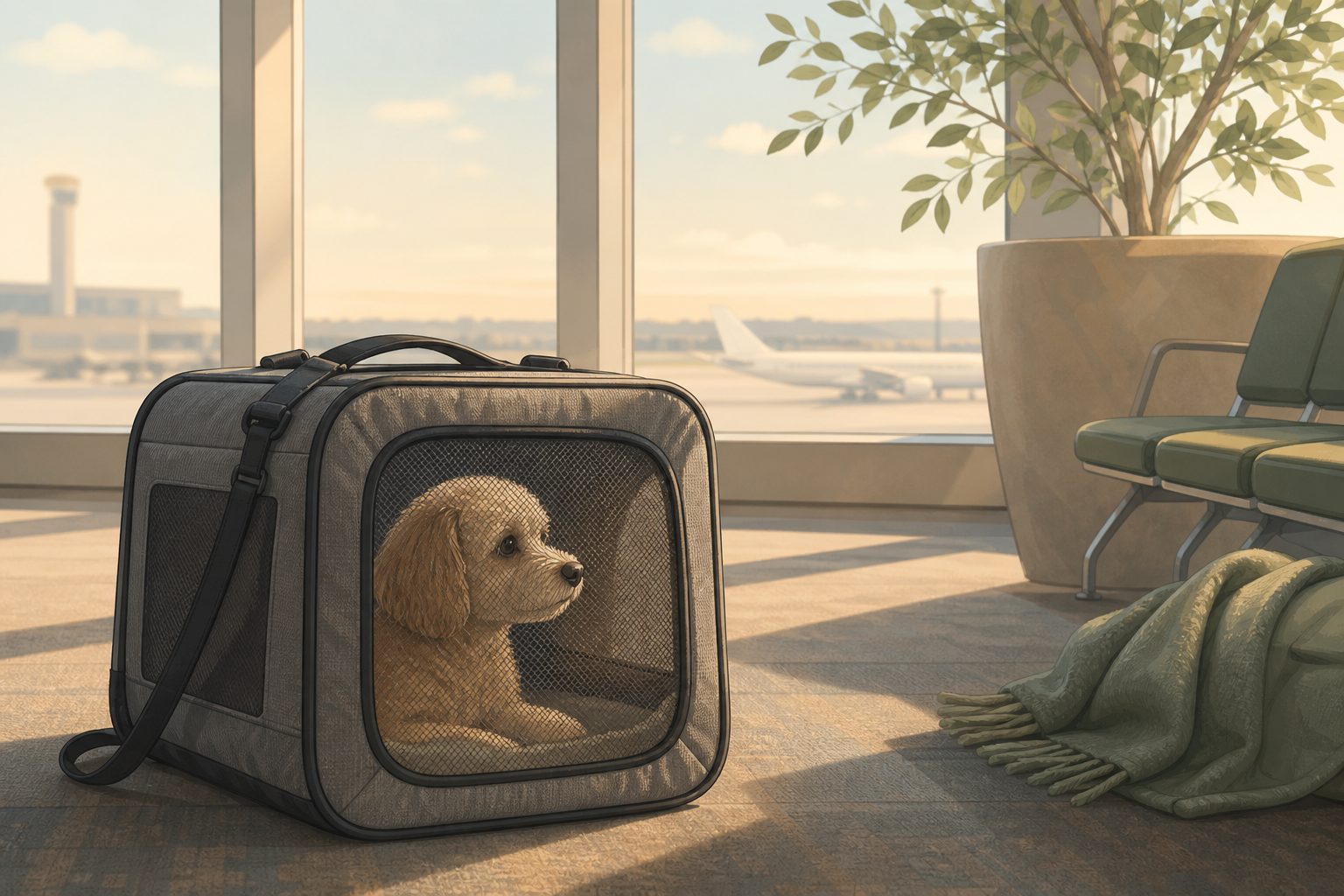 Illustration of a small dog sitting inside a soft-sided carrier at an airport gate.