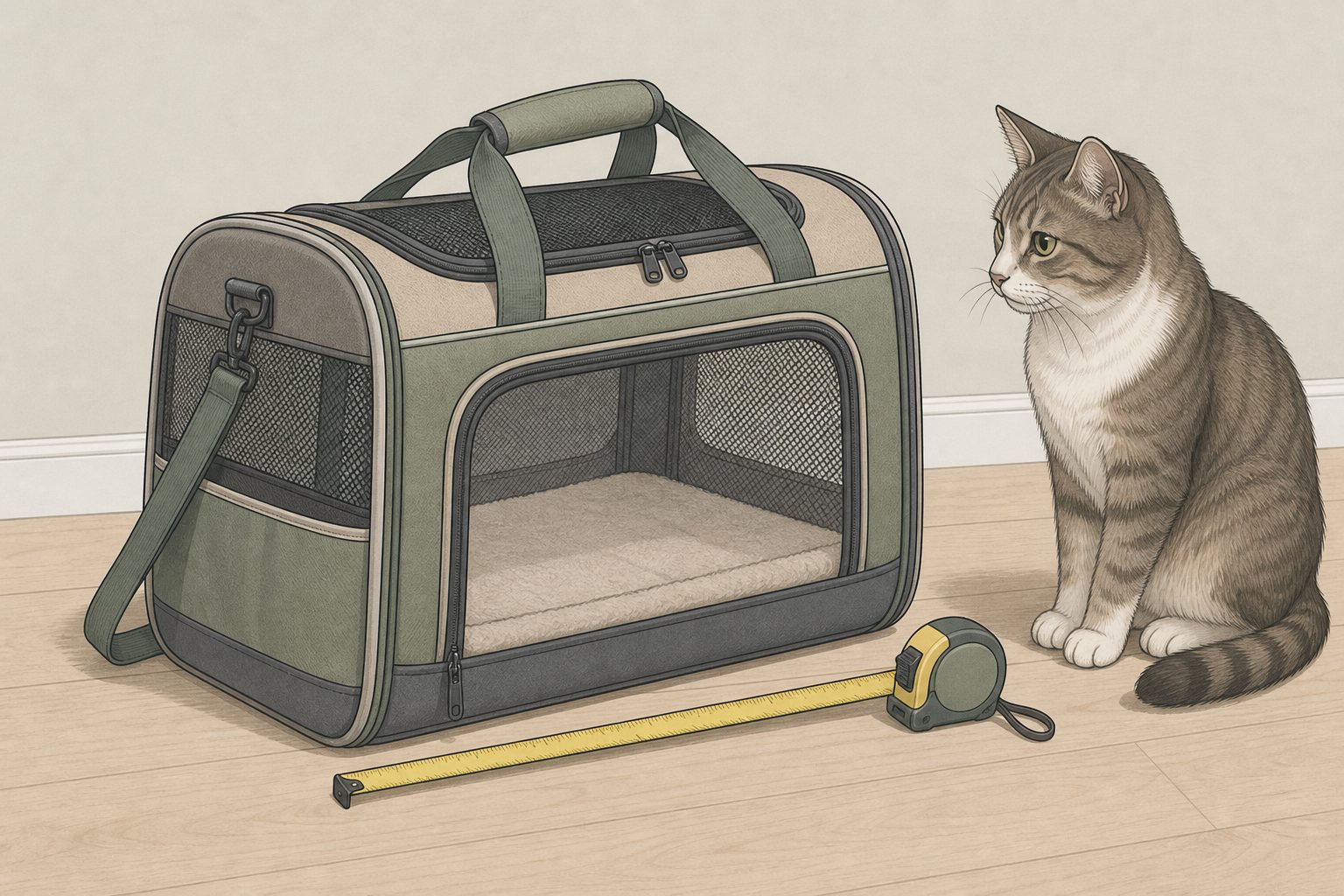 Illustration of a soft pet carrier being measured with a tape measure, a cat sitting beside it.