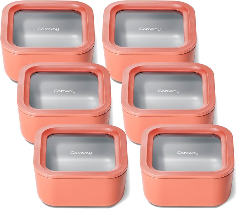 Caraway 6-Piece Glass Food Storage Container Set | 4.4 Cup Food Containers (6), Ceramic Coated, Non-Toxic, Non-Stick with Lids, Microwave Safe, Perracotta