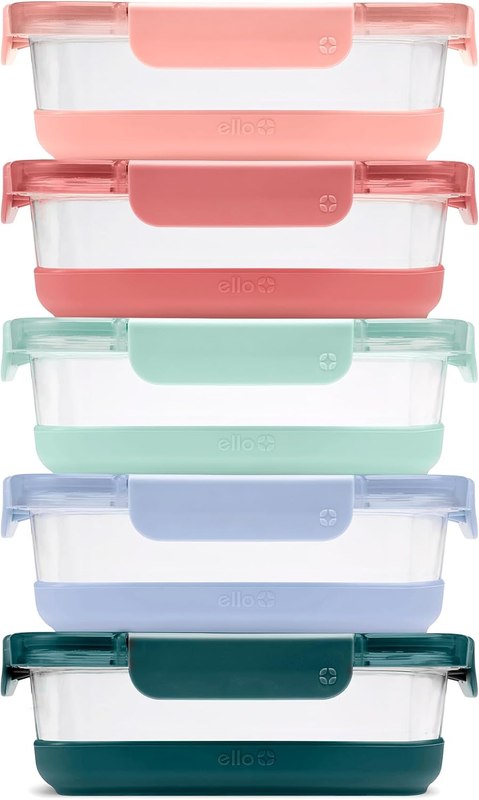 Ello Duraglass Refresh 3.4 Cup Meal Prep Containers, 10 Pc, Melon | Glass meal prep container set with silicone boots, airtight leakproof BPA-free lids, microwave, freezer & dishwasher safe