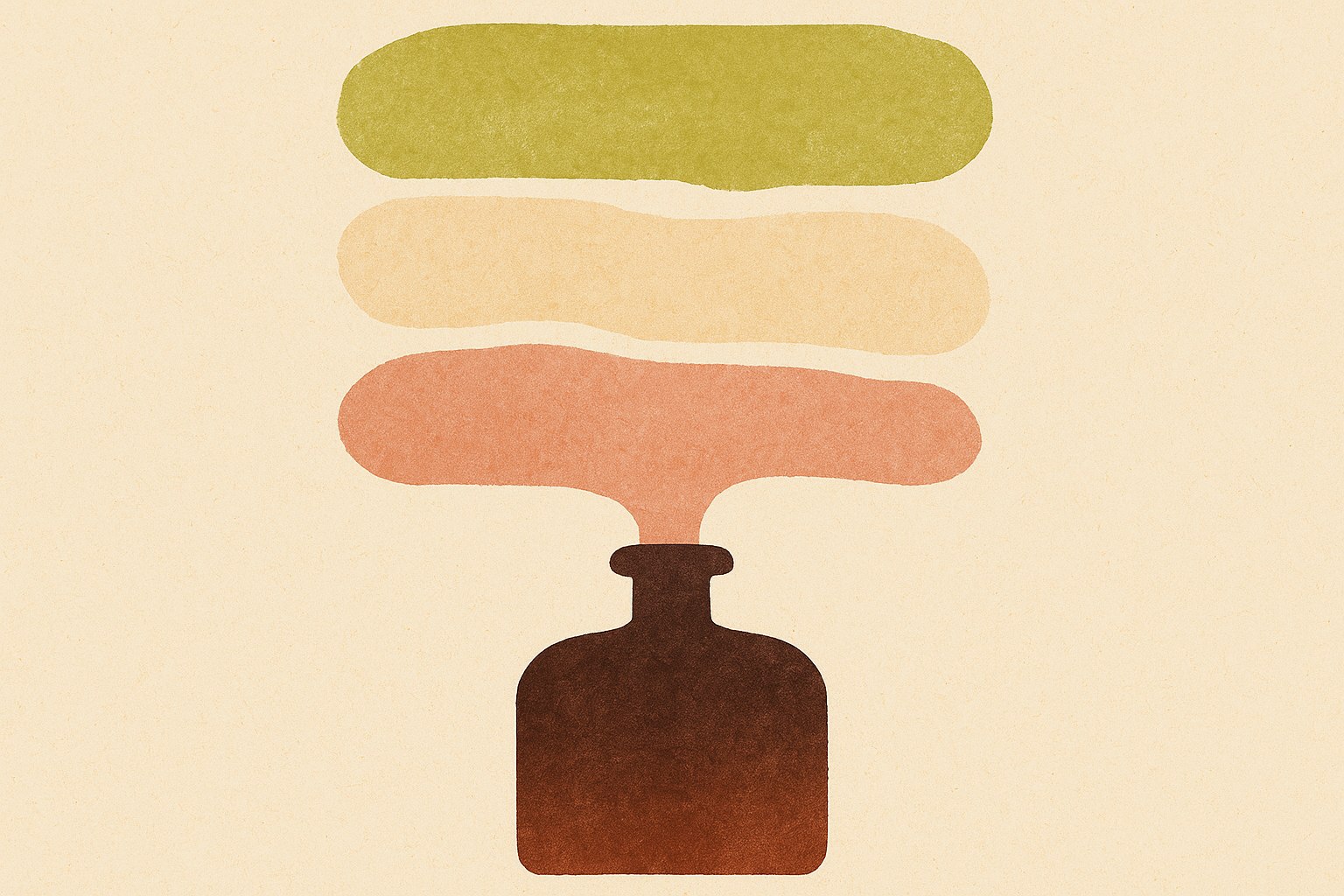 Illustration showing fragrance layering as stacked bands: warm base, floral middle, bright citrus top.