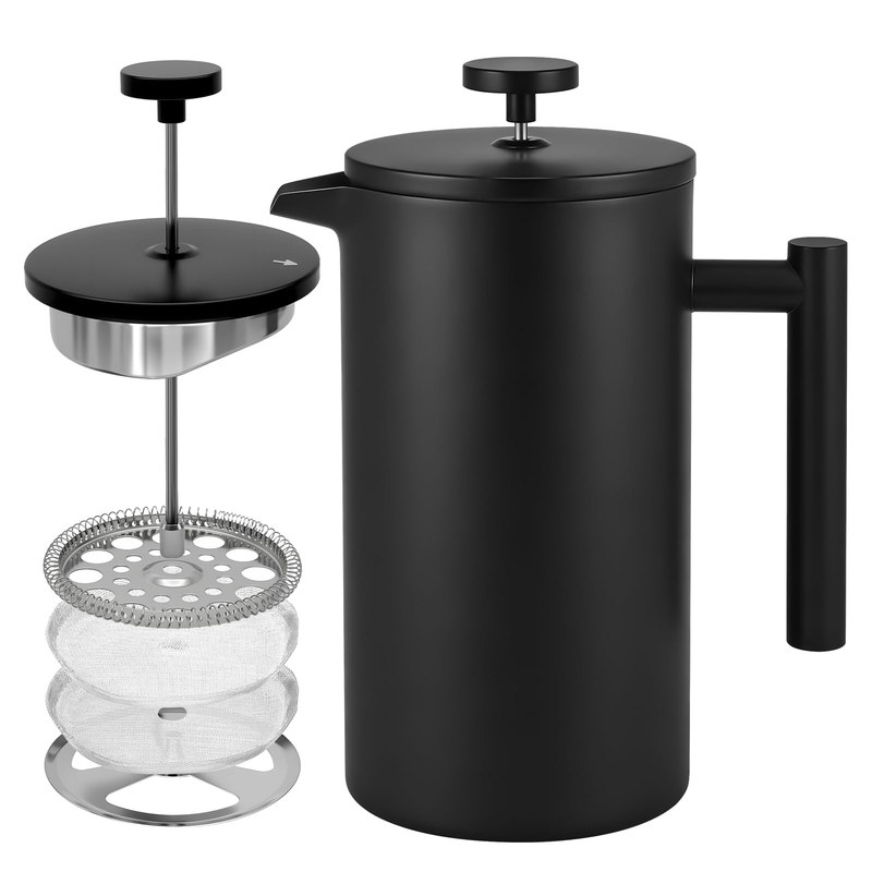 CAOANTRY French Press Coffee Maker, 304 Grade Stainless Steel French Press with 2 Extra Filters for Home, Office, Travel, Camping - 34OZ/2 Litre (Black)