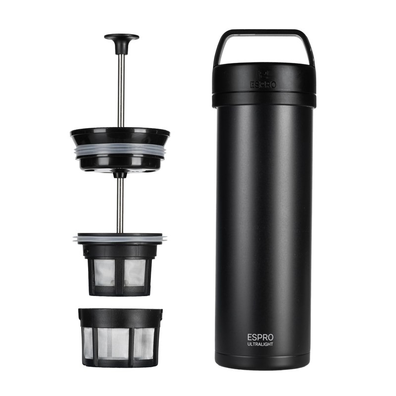 ESPRO Go P0 Ultralight French Press Coffee Maker for Travel, Vacuum Insulated Stainless Steel, 16 Ounces, Matte Meteorite Black