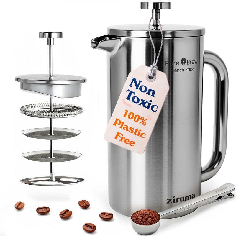 Non-Toxic Stainless Steel French Press, No Plastic or Heavy Metals, 34 oz