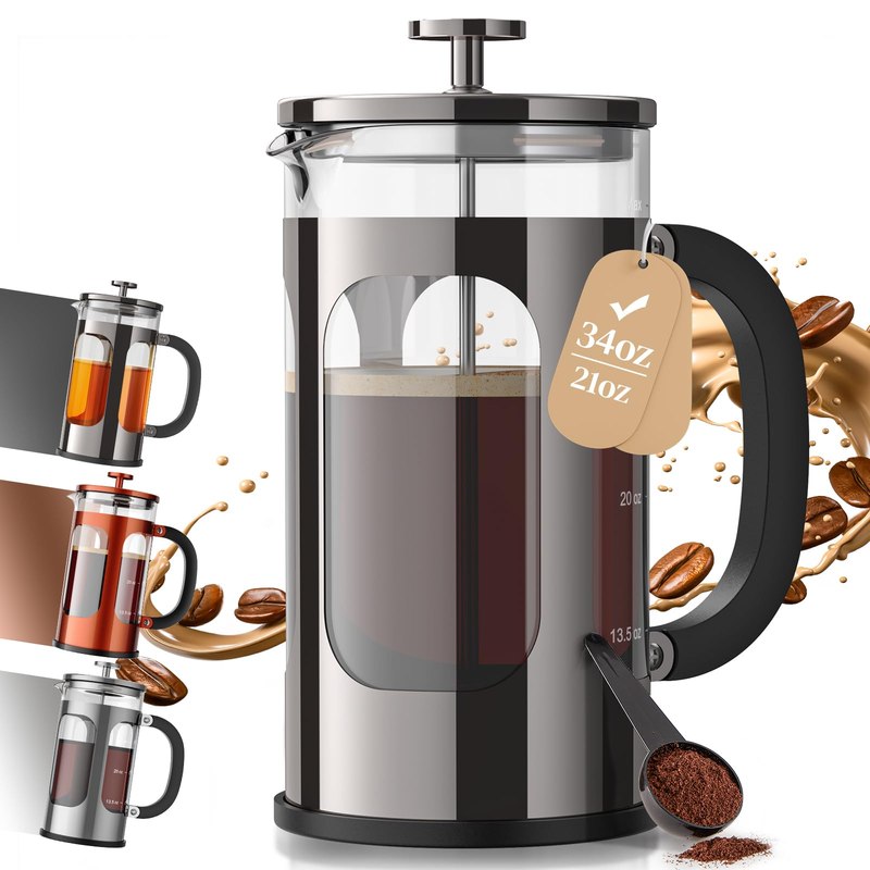 Veken French Press Coffee Maker, No Plastic Touching Cafe,34oz 1 L Cafetera