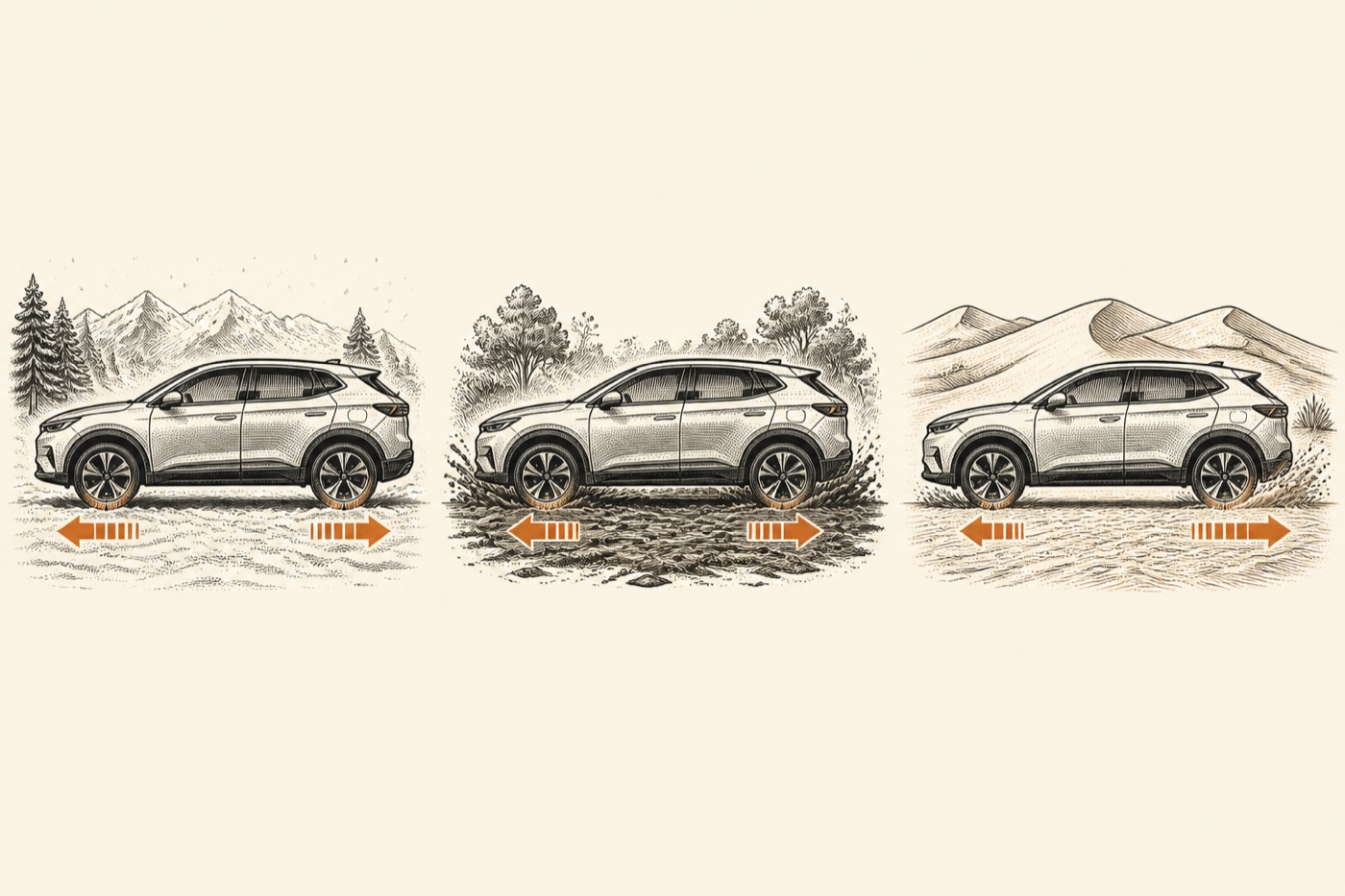 Illustration depicting the concept of a generic electric SUV's terrain drive modes redistributing torque across snow, mud and sand — not a photograph of a real EV9