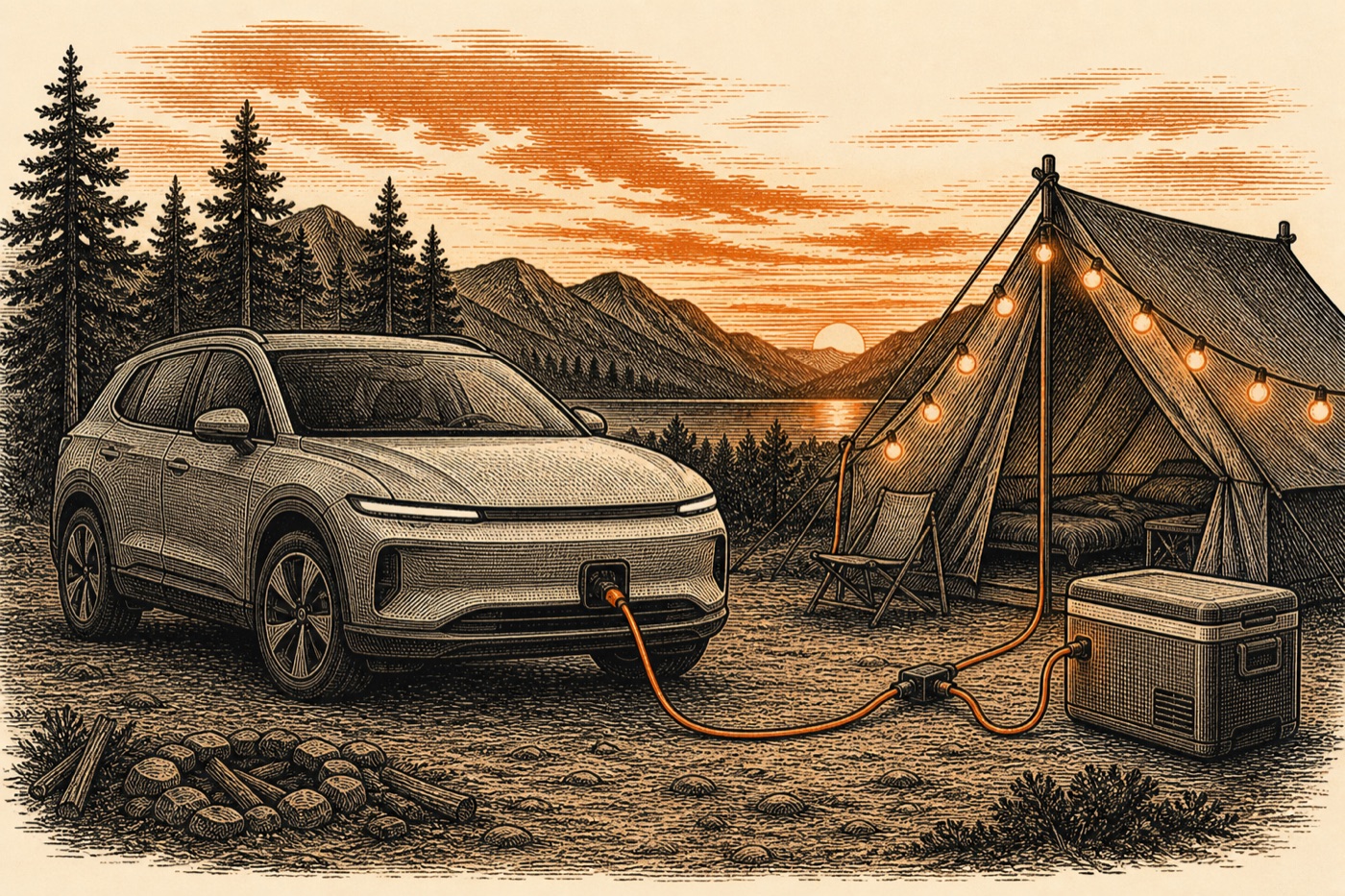 Illustration depicting the concept of an electric SUV powering a campsite via Vehicle-to-Load — not a photograph of a real IONIQ 9