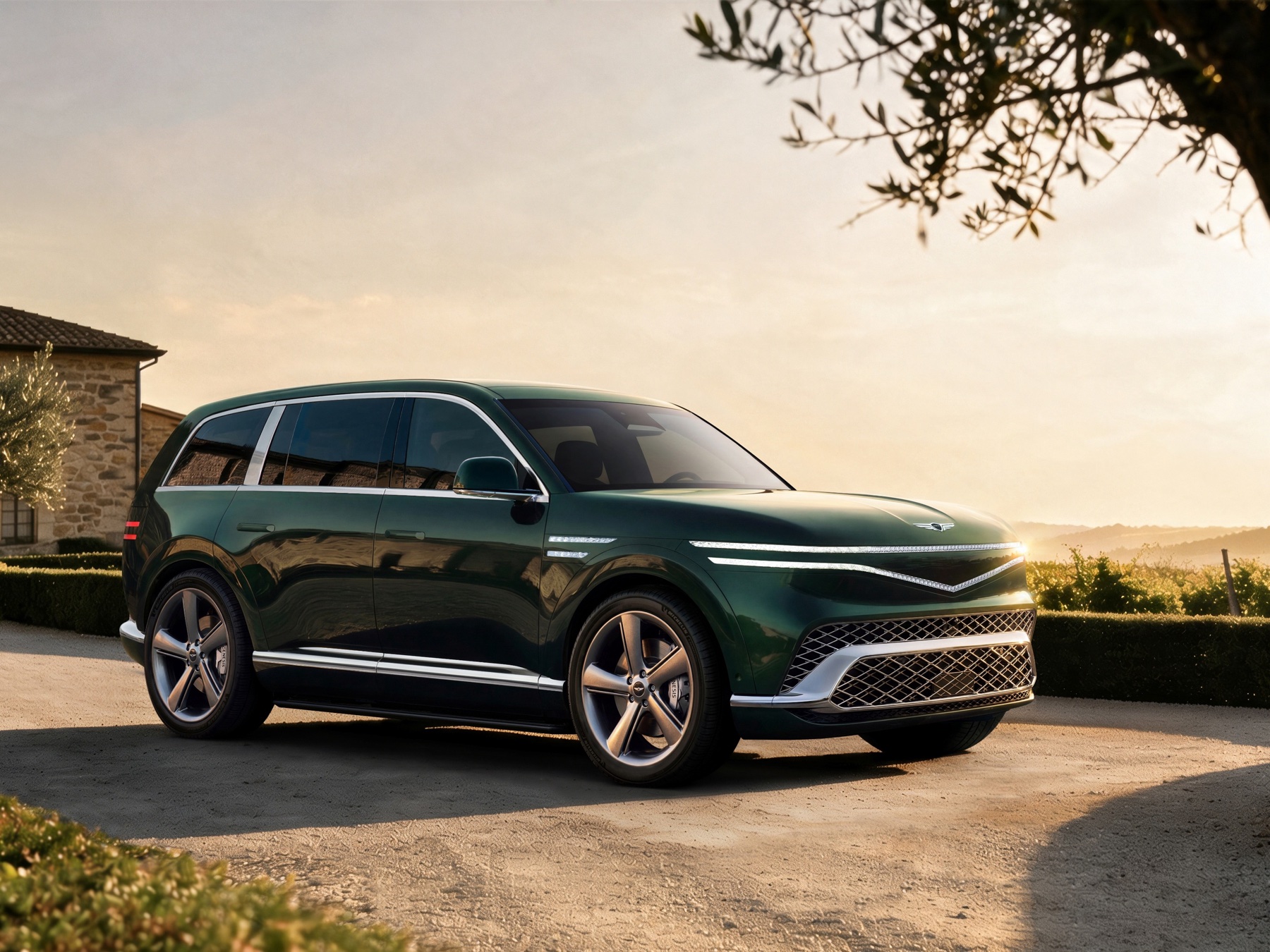 Genesis GV90 exterior, official Genesis press photo, rear three-quarter view