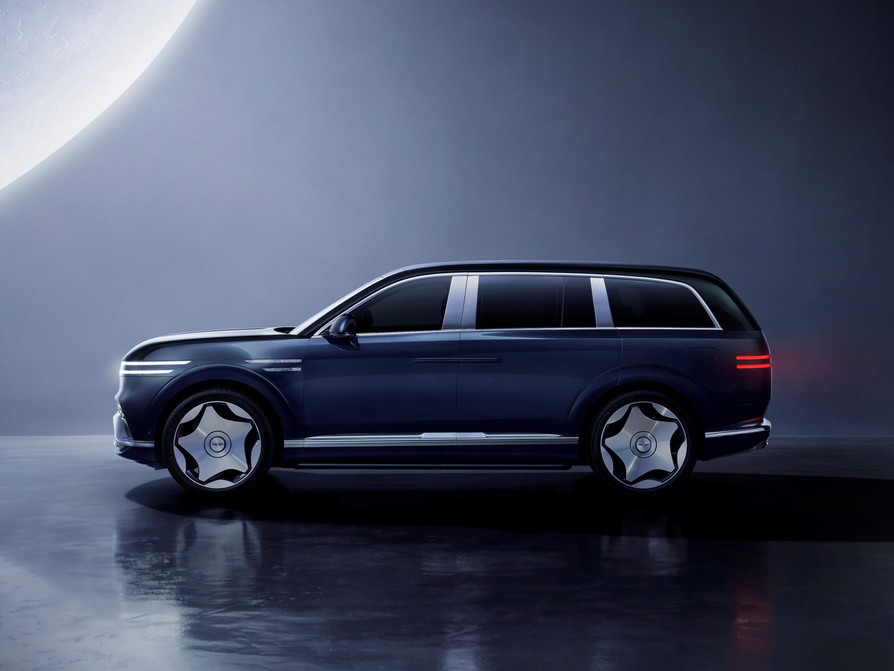 Genesis GV90 Neolun First Edition with hidden B-pillar coach doors open, official Genesis press photo