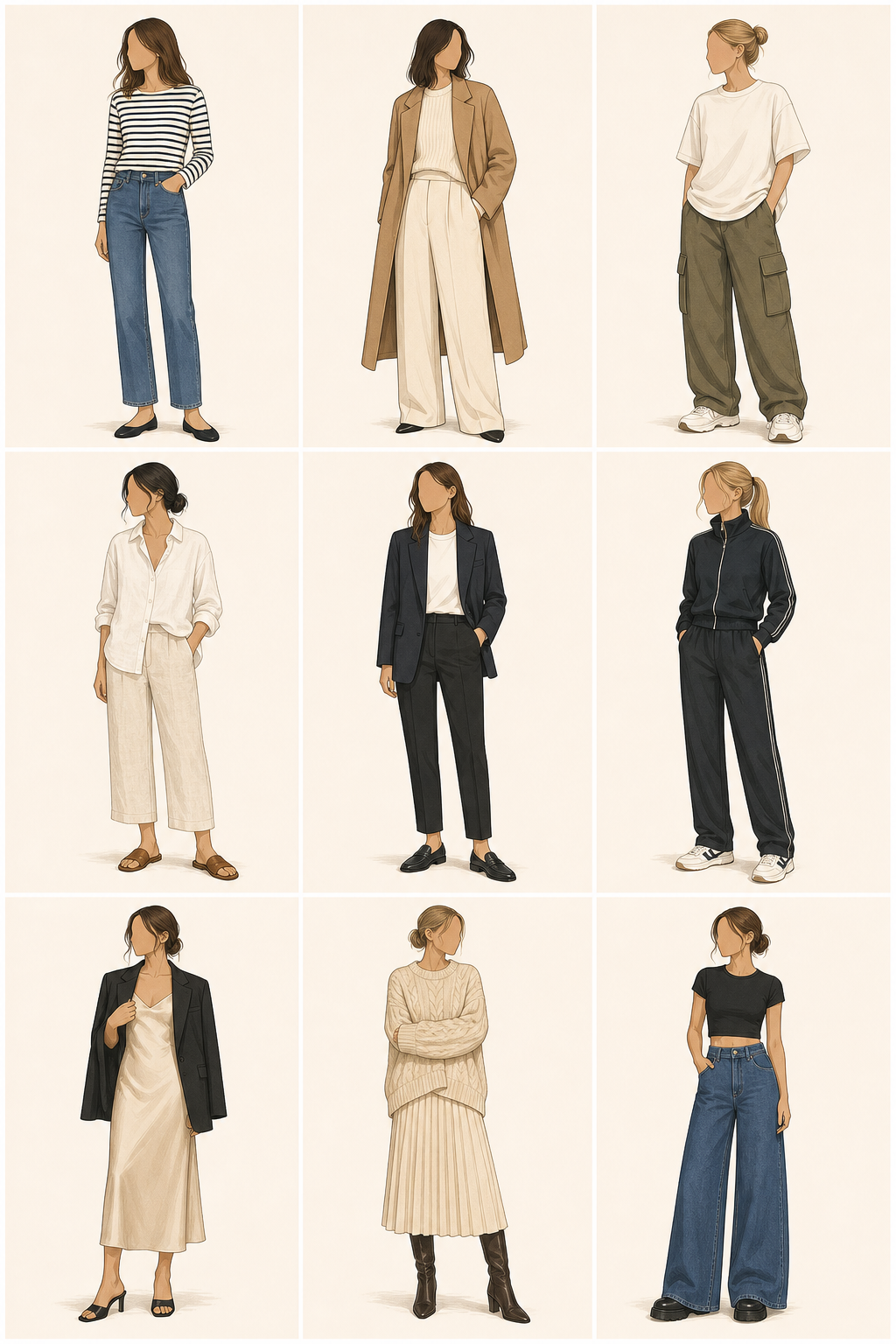 All nine outfit formulas shown together on one board.