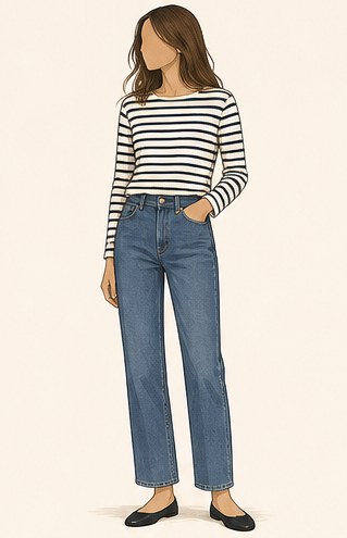 Illustration of a striped long-sleeve top with straight blue jeans and flat shoes.