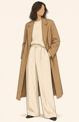 Illustration of a long camel overcoat over a cream knit and wide trousers.