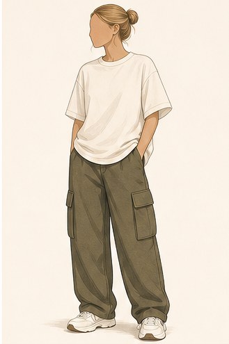 Illustration of an oversized t-shirt with loose cargo trousers and chunky trainers.