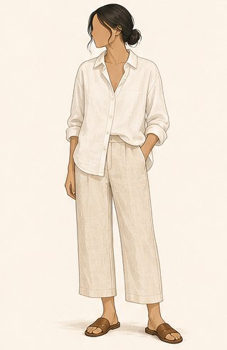Illustration of a loose white linen shirt with cropped linen trousers and flat sandals.