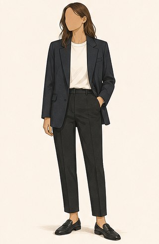 Illustration of a structured blazer over a plain tee with tailored trousers and loafers.