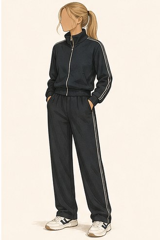 Illustration of a fitted track jacket with straight track pants and retro trainers.