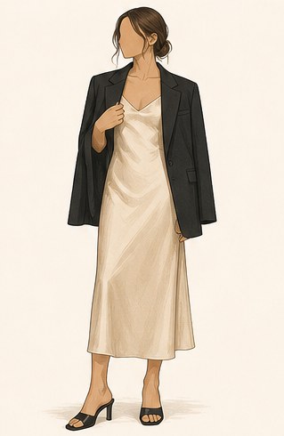 Illustration of a satin slip dress with an oversized blazer worn open over it.