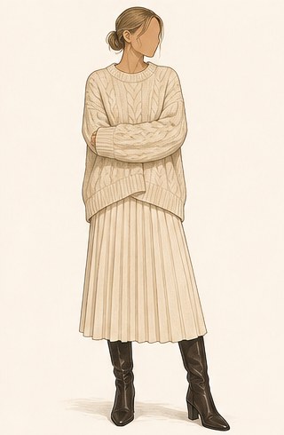 Illustration of a chunky cable knit with a long pleated skirt and tall boots.